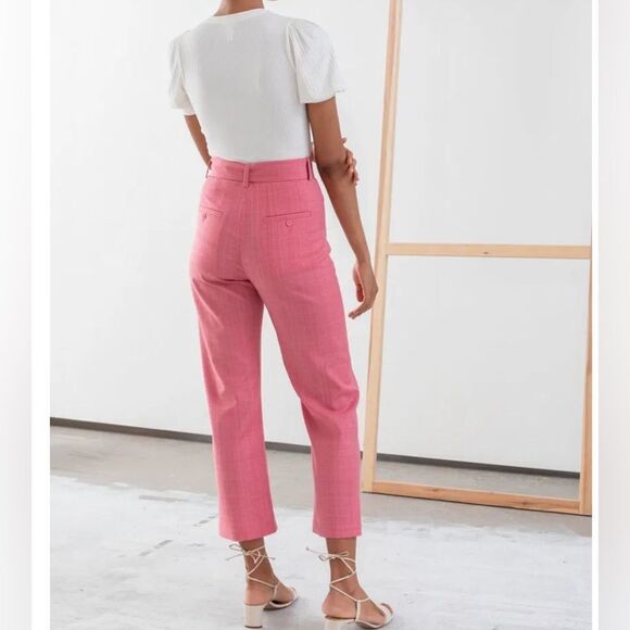 & OTHER STORIES Belted Plaid Kick Flare Trousers Pink Wool Blend- Size 6 - Picture 2 of 13